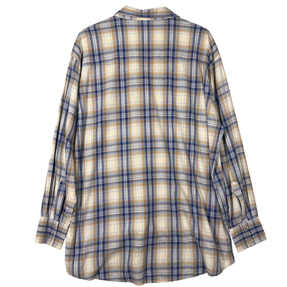 Wrangler Western Shirt Men XL Pearl Snap Plaid Blue Tan Cotton Vintage 90s Style - Picture 2 of 5